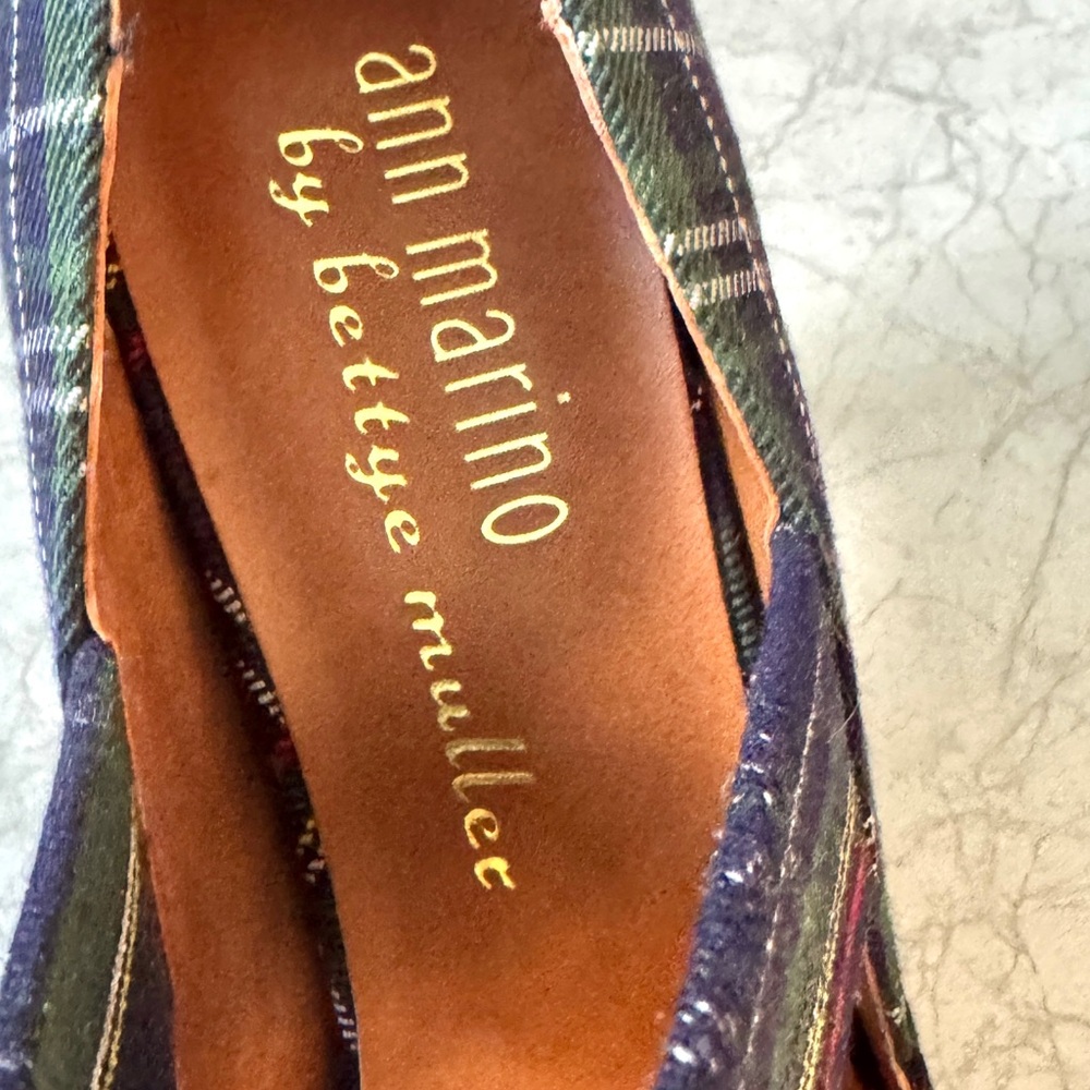ANN MARINO by BETTYE MULLER plaid Mary jane HEELS retro pinup blue women’s 9 red - Picture 8 of 11